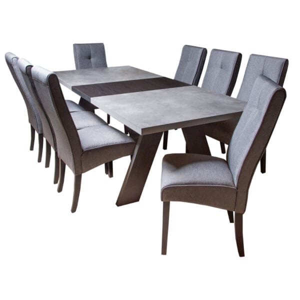Dining Table; (220x100x74.5)cm + 8 Side Chairs, Cement/BlackOak/Grey