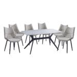 Dining Table; (160x90x76)cm, Ceramic Top + 6 PU Side Chairs