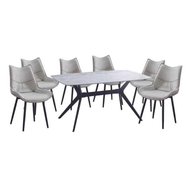Dining Table; (160x90x76)cm, Ceramic Top + 6 PU Side Chairs
