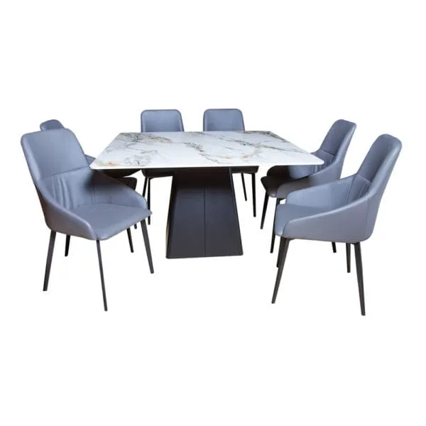 Dining Table-Ceramic Top+ 6 PU Side Chairs (1.3x1.3M)