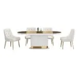Dining Table + 8 Side Chairs; (200x100x75)cm, Glossy White/Gold