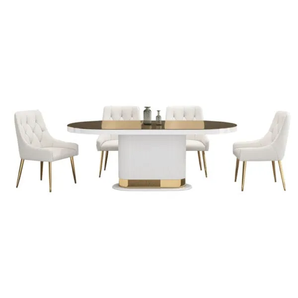 Dining Table + 8 Side Chairs; (200x100x75)cm, Glossy White/Gold