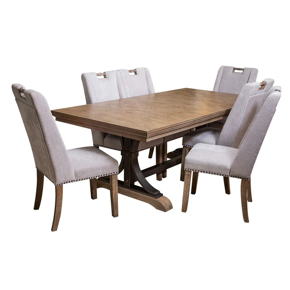 Dining Table; (203.2x101.6x76.5)cm + 6 Handle Tufted Side Chairs, Antique Grey
