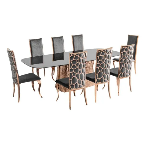 Glass Top Dining Table; (244x122x75cm) + 8 Side Chairs, Dark Grey/Rose Gold/Black