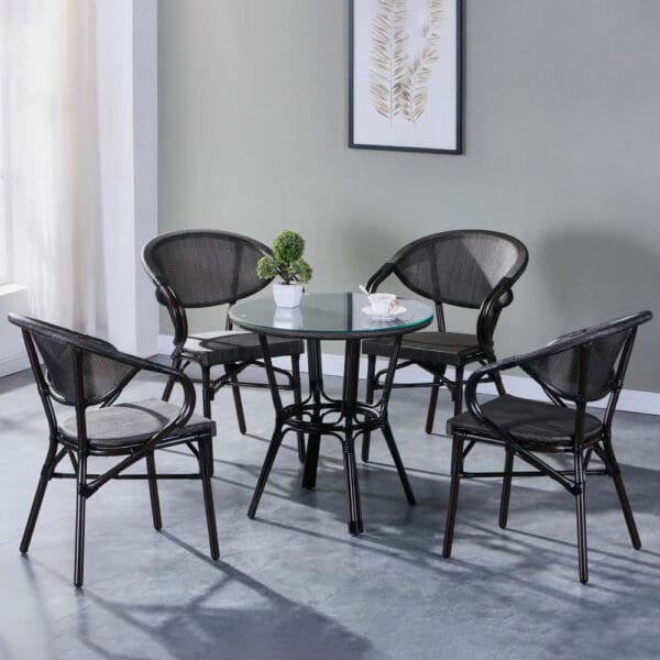 Garden Furniture Set: Outdoor Round Table (Glass Top)+ 4 Side Chairs; (69x57)cm