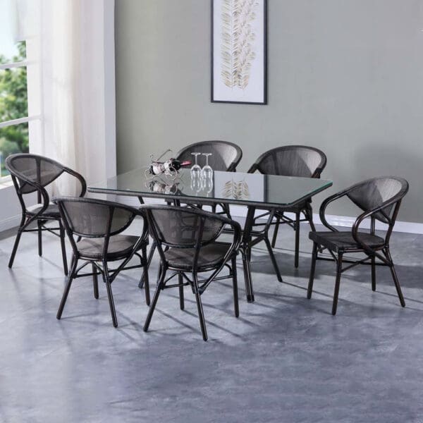 Garden Furniture Set: Outdoor Table (Glass Top)+ 6 Side Chairs; (150x90x72)cm