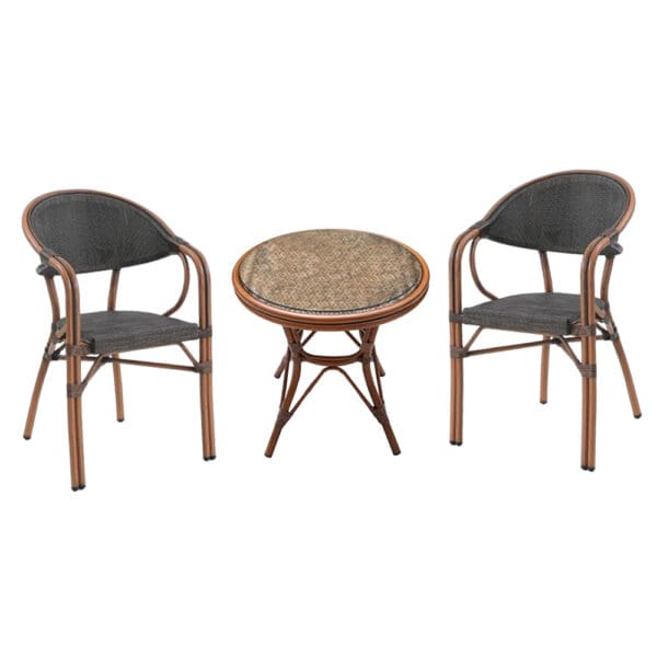 Garden Furniture Set: Outdoor Round Table+ 2 Arm Chairs; (60x60)cm, Brown