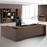 L-Shape Executive Desk With 1 Drawer + 1 Door, Left; (220x180x76)cm, KingWalnut/Kano Grey