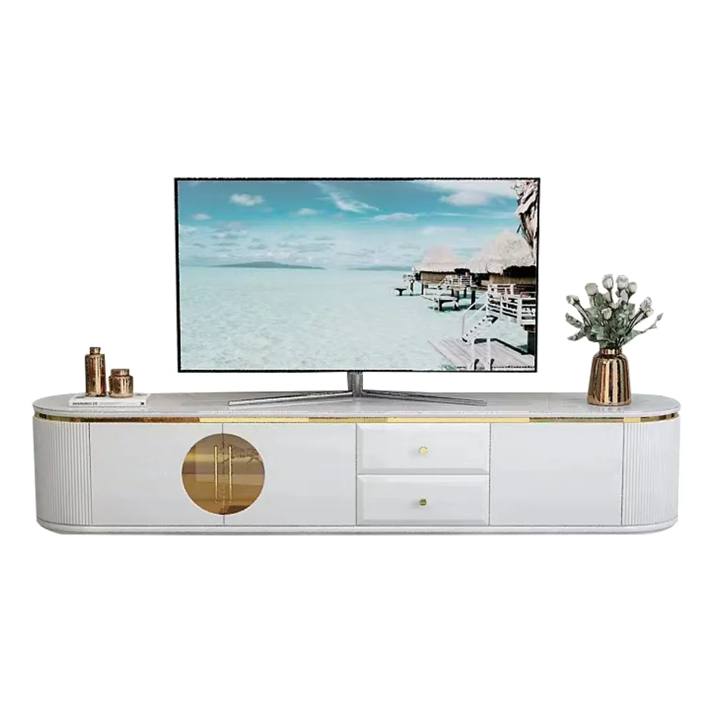 TV Cabinet; (200x40x40)cm, White/Gold
