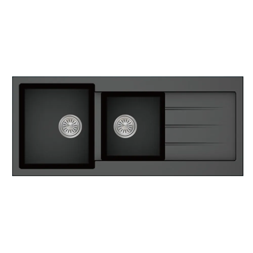 Composite Granite Inset Kitchen Sink Double Bowl-Single Drain; (116x50x20)cm, Matt Black