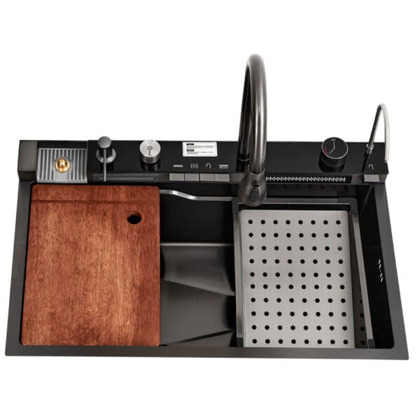 Stainless Steel Kitchen Sink: Single Bowl, 1tray, 1 board, Mixer, Tap + Waste; (75x46x22)cm, Black