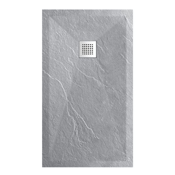 Resin Shower Tray With Slate Texture And Grid Back + Drainer; (170x80x2.5)cm, Light Grey