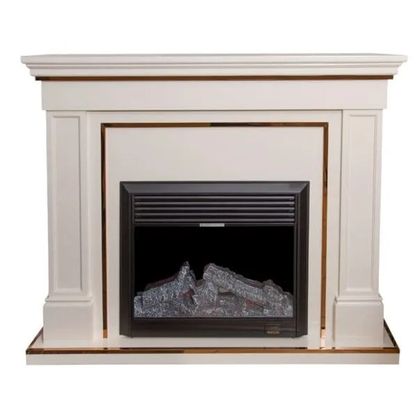 Decorative Fire Place + Heater: (150x32x120)cm, White/Gold