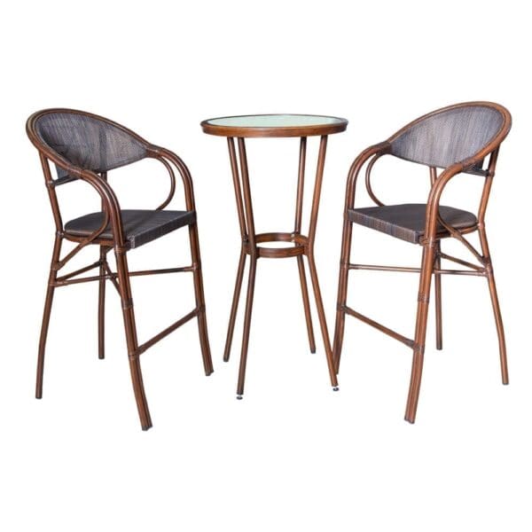 Garden Furniture Set: Outdoor Round Bar Table (Glass Top) + 2 Bar Chairs, Brown
