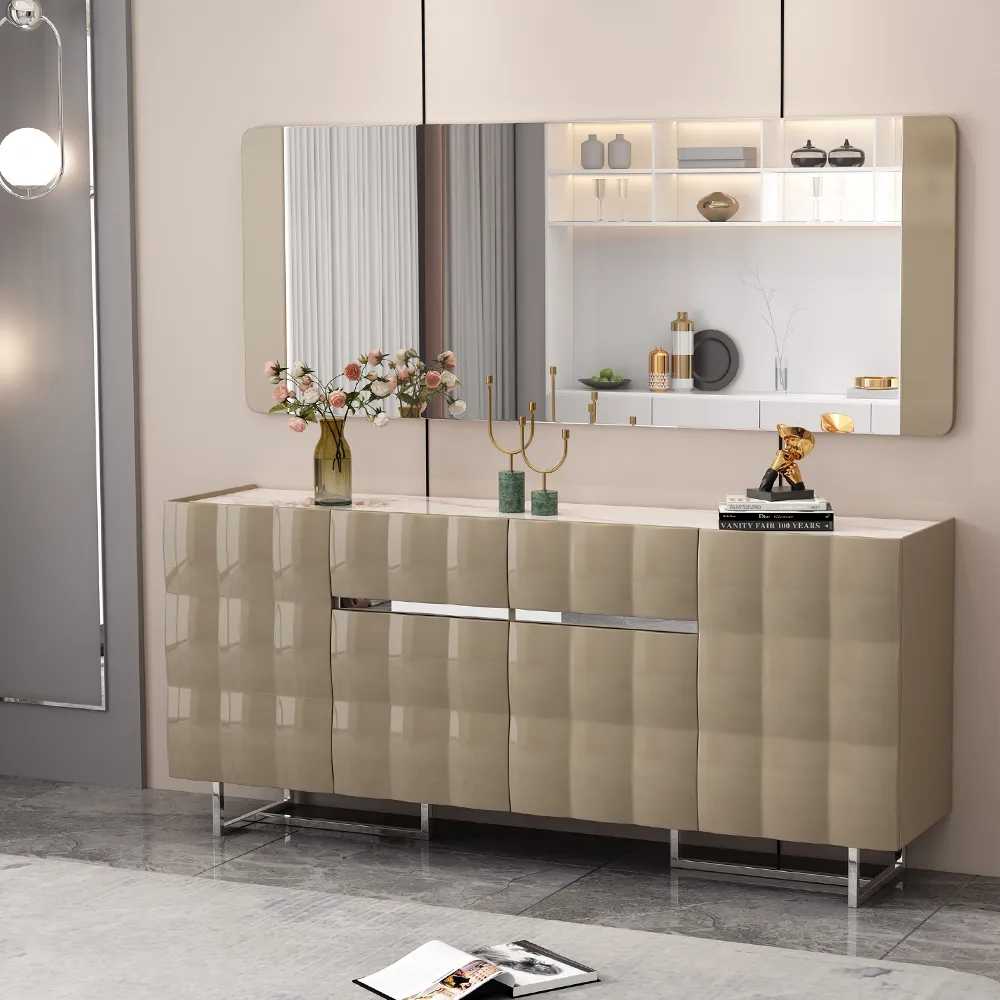 Dining Cabinet; (180x40x85)cm  + Wall Mirror; (180x2.5x70)cm, Glossy Grey