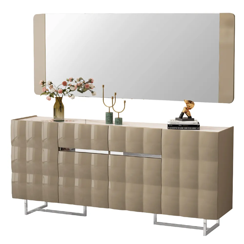 Dining Cabinet; (180x40x85)cm  + Wall Mirror; (180x2.5x70)cm, Glossy Grey