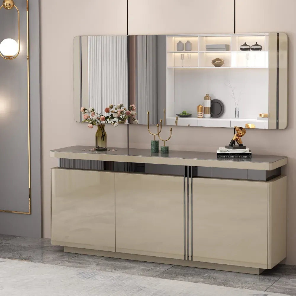 Dining Cabinet; (180x40x80)cm + Wall Mirror; (180x2.5x70)cm, Glossy Grey/Black