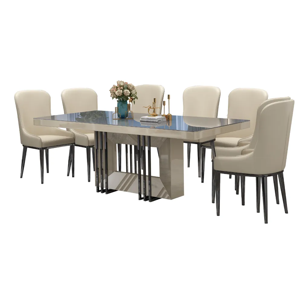 Dining Table; (200x100x76)cm + 8 Fabric Side Chairs, Glossy Grey/Black