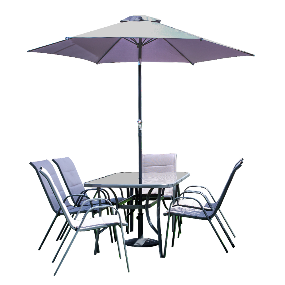Garden Furniture Set: Steel Umbrella With Base  + Glass Table + 6 Steel Textilene Padded chair