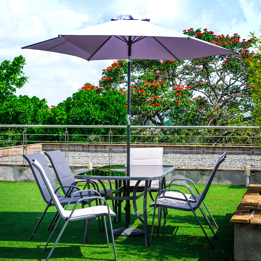 Garden Furniture Set: Steel Umbrella With Base  + Glass Table + 6 Steel Textilene Padded chair