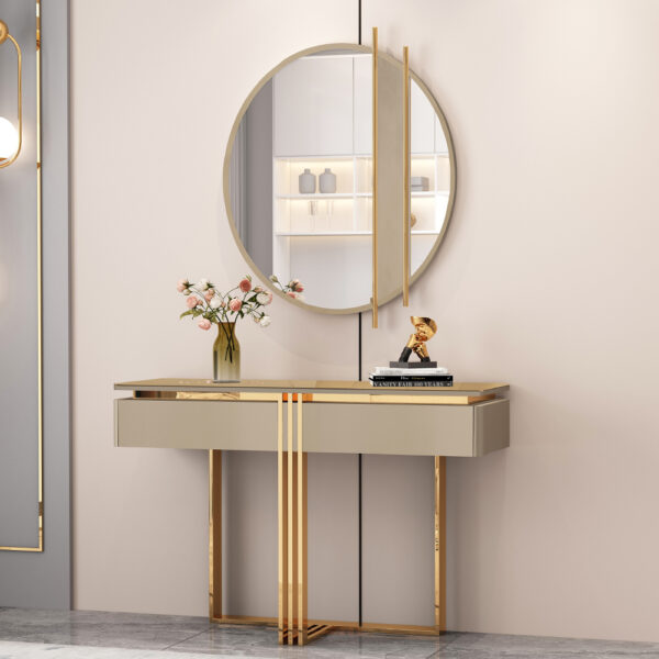 Console Table; (30x35x85)cm+ Round Wall Mirror; (90x2.5)cm, Glossy Grey/Gold