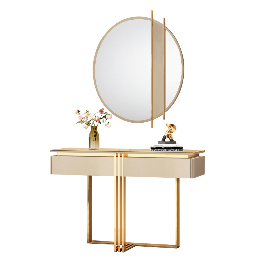 Console Table; (30x35x85)cm+ Round Wall Mirror; (90x2.5)cm, Glossy Grey/Gold