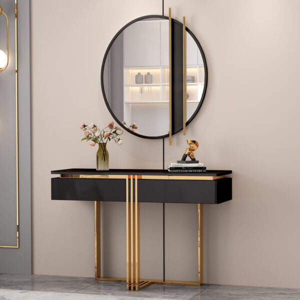 Console Table; (130x35x85)cm + Round Wall Mirror; (90x2.5)cm, Glossy Black/Gold