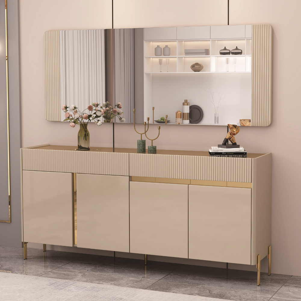 Dining Cabinet; (180x40x85)cm  + Wall Mirror; (180x2.5x70)cm, Glossy Grey/Gold