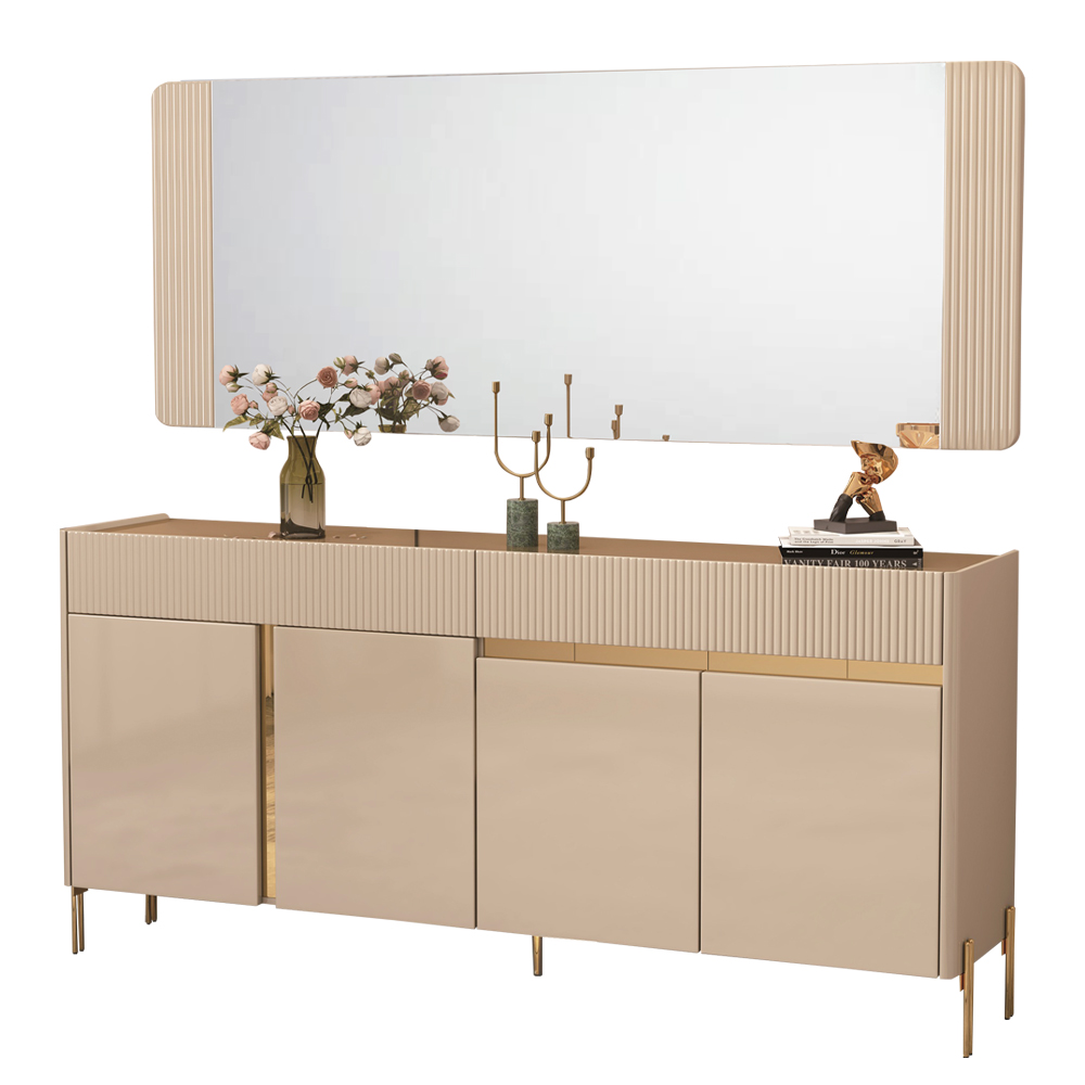 Dining Cabinet; (180x40x85)cm  + Wall Mirror; (180x2.5x70)cm, Glossy Grey/Gold