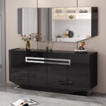 Dining Cabinet; (180x40x80)cm + Wall Mirror; (180x2.5x70)cm, Glossy Black