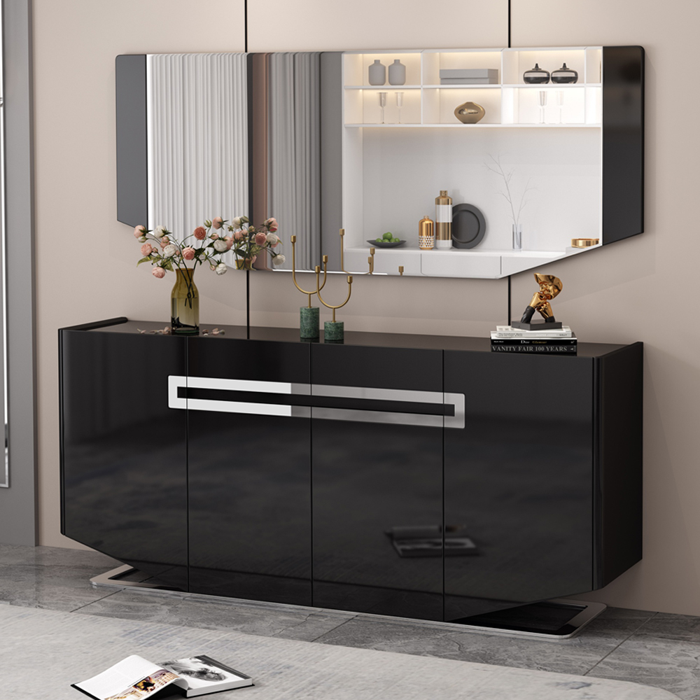 Dining Cabinet; (180x40x80)cm + Wall Mirror; (180x2.5x70)cm, Glossy Black