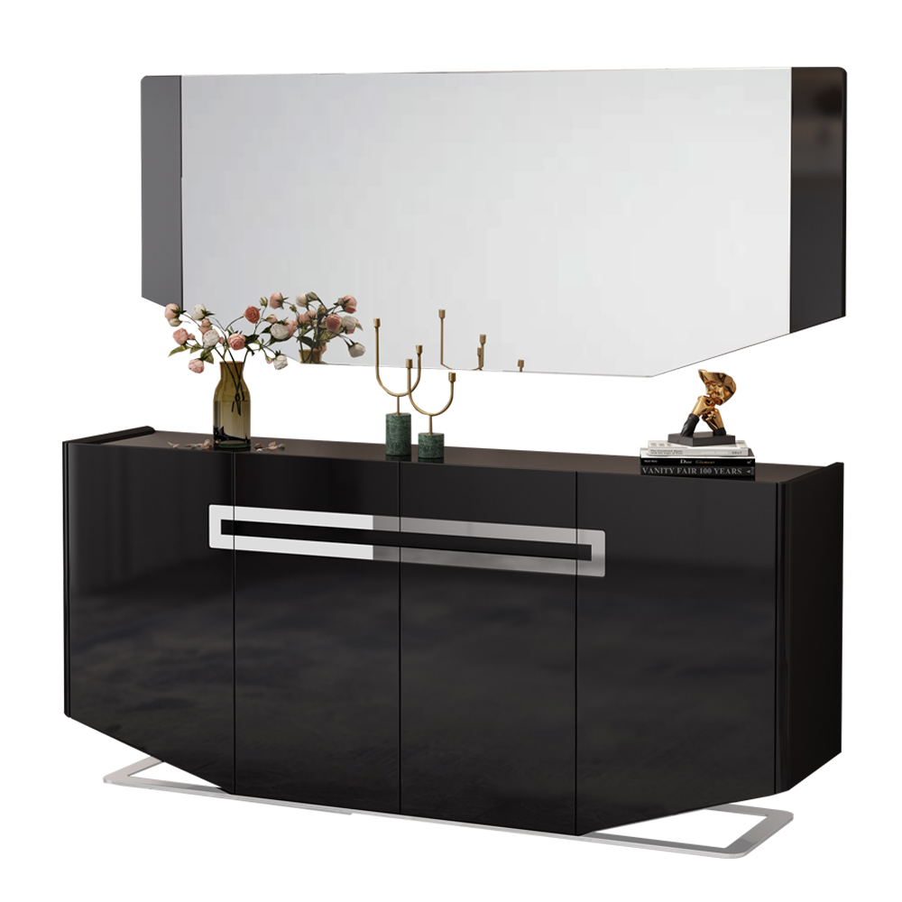 Dining Cabinet; (180x40x80)cm + Wall Mirror; (180x2.5x70)cm, Glossy Black