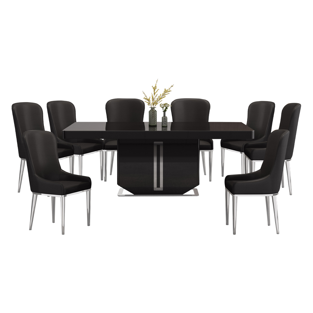 Dining Table; (200x100x75)cm+ 8 Side Chairs, Glossy Black/Chrome