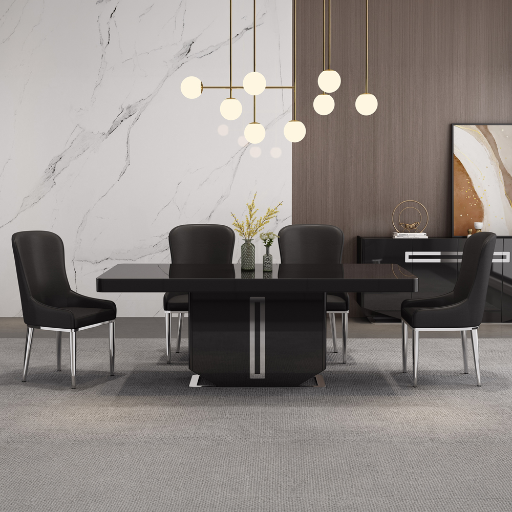 Dining Table; (200x100x75)cm+ 8 Side Chairs, Glossy Black/Chrome