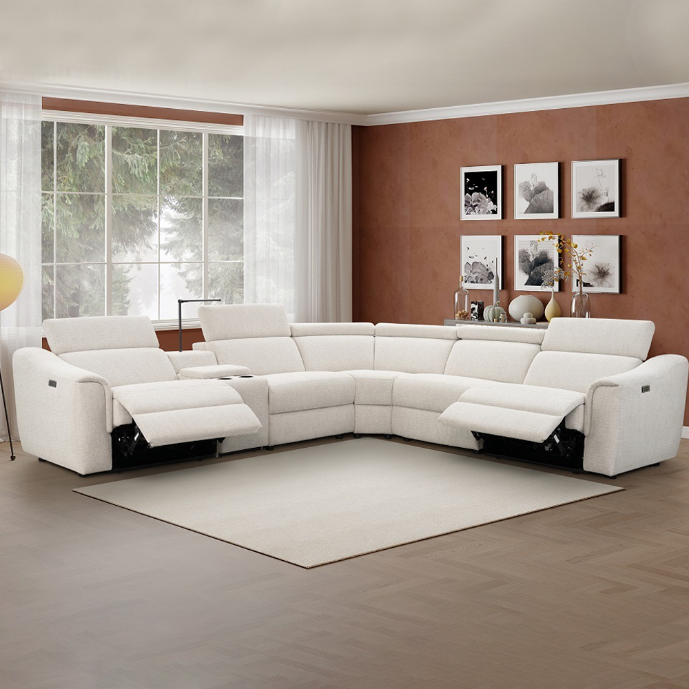 Fabric Recliner Corner Sofa With Console, Beige 1 Fabric Recliner Corner Sofa With Console, Beige