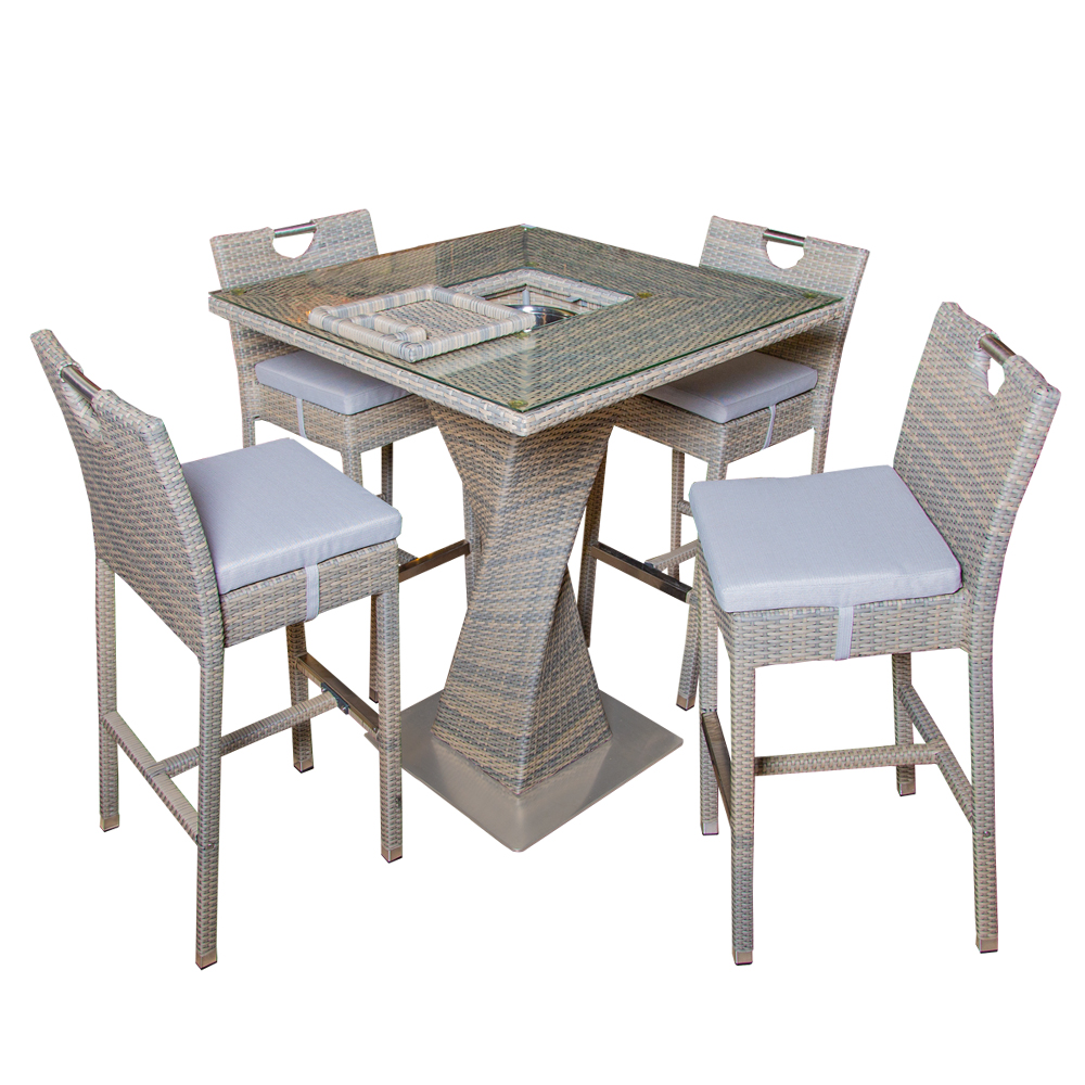 Garden Furniture Set: Outdoor Bar Table-Glass Top; (90x90x110)cm + 4 Bar Chairs With Cushion 1 Garden Furniture Set: Outdoor Bar Table-Glass Top; (90x90x110)cm + 4 Bar Chairs With Cushion