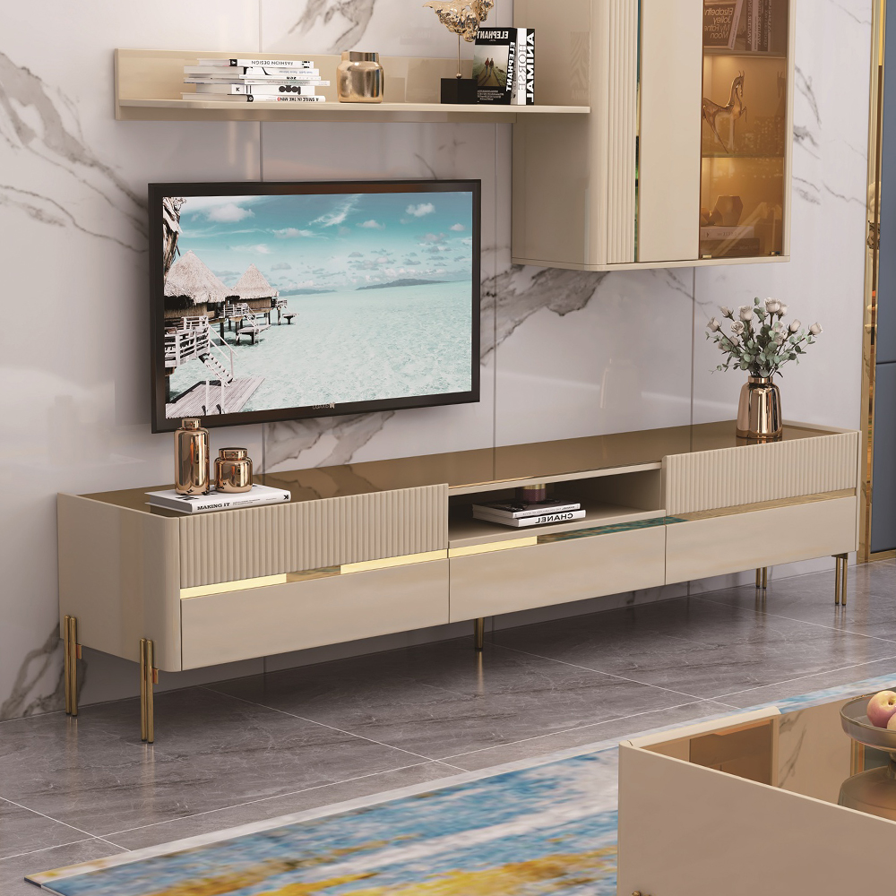 TV Cabinet; (200x40x45)cm, Glossy Grey/Gold